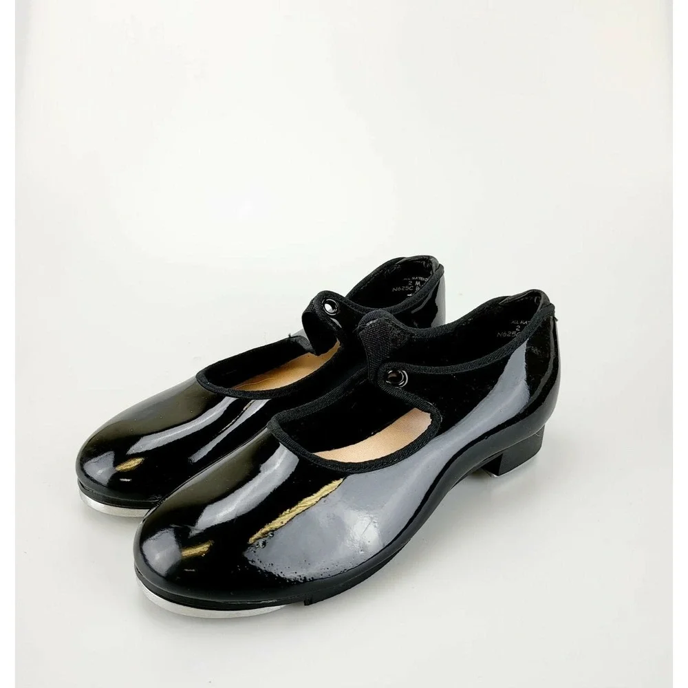 Dance Performance Tap Shoes Girls 2 Black Leather Glossy Mary Jane CAPEZIO